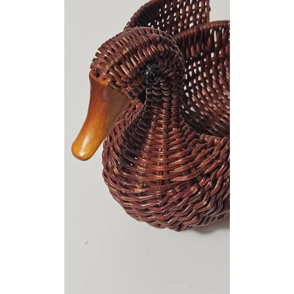 Vintage Woven Wicker Duck Basket | Wood Beak | 80s Farmhouse Cottagecore Decor